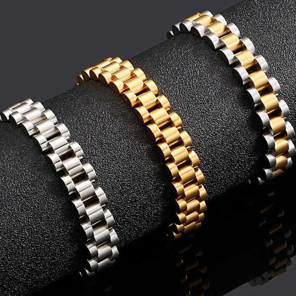 Bracciale da uomo in acciaio inossidabile dorato per uomo 10 mm di larghezza catena per orologio bracciali femminili da donna gioielli per ragazzi interi Accessor256U
