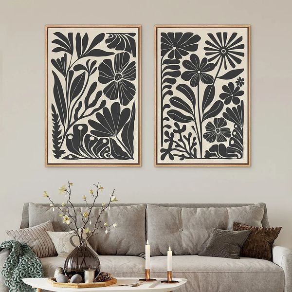 Pinturas 2 PC Vintage Preto Abstrato Floral Pintura Bohemia Estilo Arte Mural Adequado para Escritório Sala de Estar Casa Decoração de Parede Presente 231009