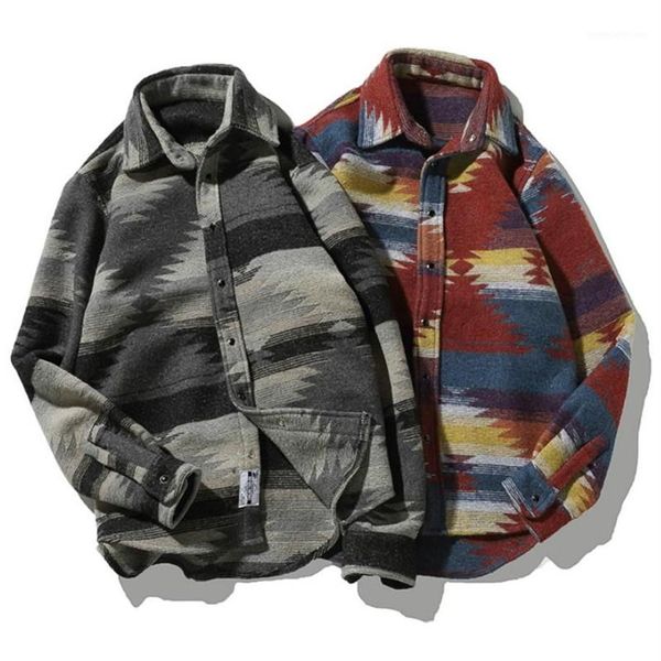 Camisas de flanela folk-personalizadas para homens, camisa vintage de lã com estampa de lazer, camisa casual masculina plus size streetwear12090