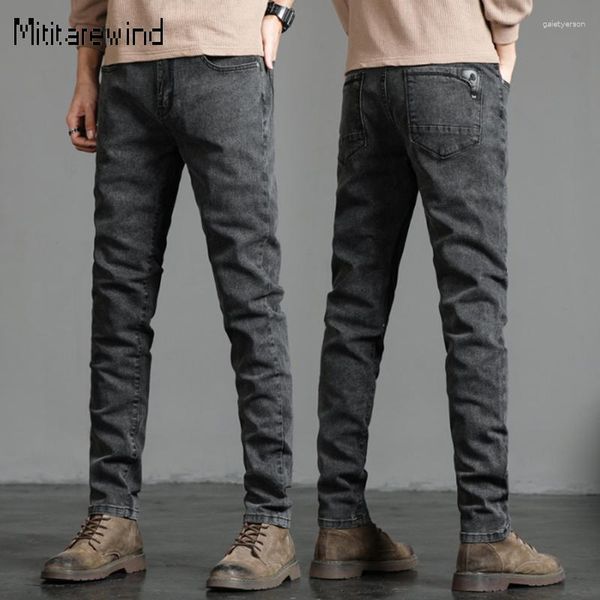 Jeans masculinos primavera outono preto cinza homens diário casual denim calças micro estiramento algodão meados de cintura comprimento total magro simples versátil