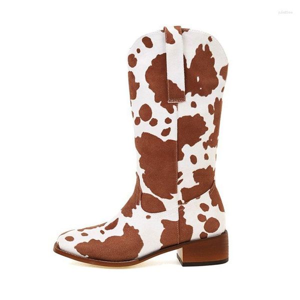 Botas Zapatos para Mujeres Vaca Chunky Heel Knight Mid-Calf Square Toe Tamanho Grande Slip-on Handmade Print Vintage