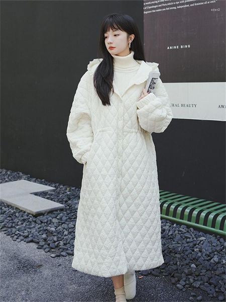 Trench da donna 2023 Abiti invernali Monopetto con cappuccio Giacca imbottita in cotone bianco sciolto Parka Donna Elegante Chic Stile coreano Lungo