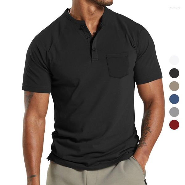 Мужские поло 2023, деловая повседневная однотонная рубашка-поло с карманами и коротким рукавом, футболка большого размера с отложным воротником, мужские топы
