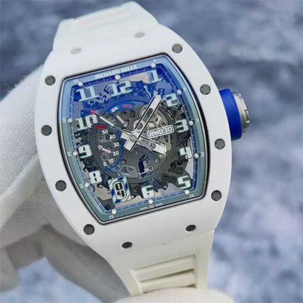 Lüks İzle Richaremill Karbon Safir Tekstil Kauçuk Tourbillon y Otomatik Milleres Mekanik Saatler Spor Kolluluğu Bilekleri RM030 Beyaz Seramik 21A1