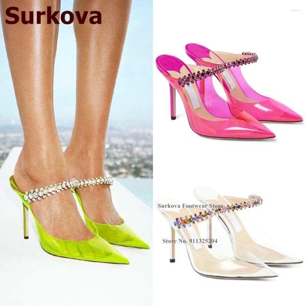 Sapatos de vestido Surkova Limão Verde Rosa PVC Cristal Chinelos Bling Strass Strap Transparente Casamento Apontou Toe Stilettos Bombas