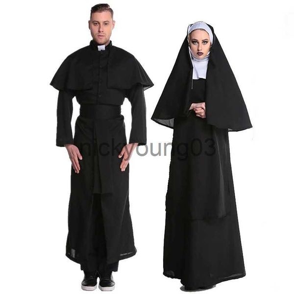 Tema traje carnaval halloween clássico casais igreja sacerdote freira hábito traje tradicional religioso preto robe cosplay fantasia vestido de festa x1010