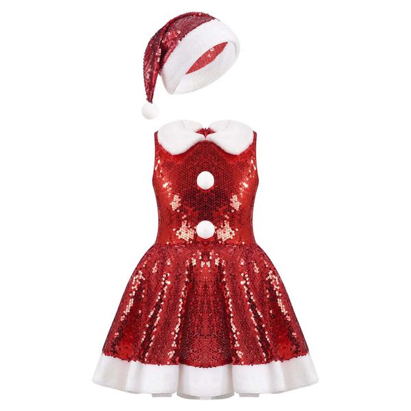 Vestidos da menina crianças meninas lantejoulas natal cosplay vestido para desempenho de palco com chapéu de santa natal fantasia festa traje ano roupas 231010