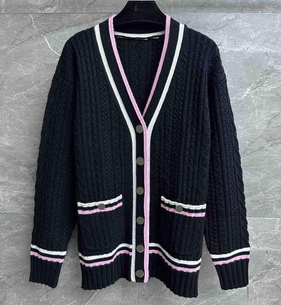 Женский трикотаж средней длины, женский вязаный кардиган с v-образным вырезом, контрастные цветные полоски, свободный свитер из смешанного кашемира, пальто