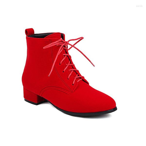 Botas senhora casamento vermelho salto quadrado 3cm sapatos de rebanho para primavera lace-up rinding tornozelo botas ampla montagem 43-3 marrom amarelo moda