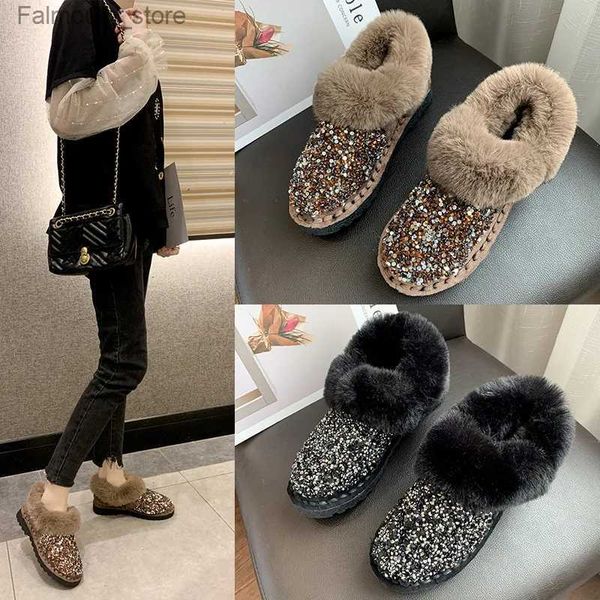 Stivali Pelliccia morbida Scarpe da donna Piattaforma All-match Punta tonda Cristallo Casual Scarpe da ginnastica femminili Zoccoli Mocassino Nuovo Glitter Stivali da neve invernali Q231010