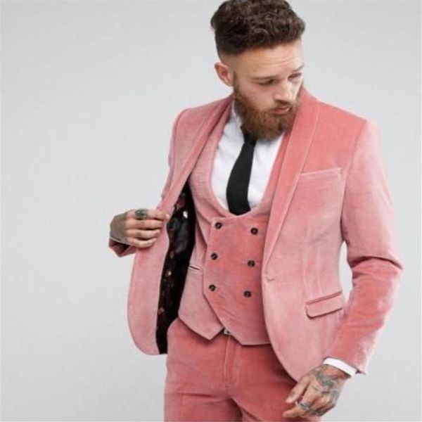 Benutzerdefinierte rosa Samt Herrenanzüge 3 Stück Mode Winter Bräutigam Hochzeitskleid Slim Fit Herren Smoking Anzug Jacke Weste Hosen Blaze273F