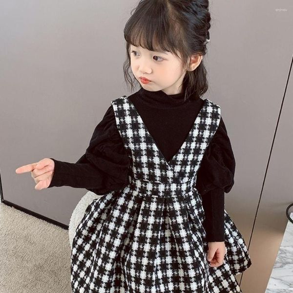 Set di abbigliamento Ragazze Nero Bianco Griglia Abito da principessa Primavera Autunno Bambino Gilet in stile coreano Gonna Moda per bambini Abiti per bambini