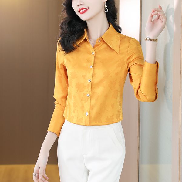 Clássico lapela amarelo botão acima camisa designer de luxo feminino vintage seda cetim jacquard blusas 2023 outono inverno manga longa pista camisas escritório senhora casual topos