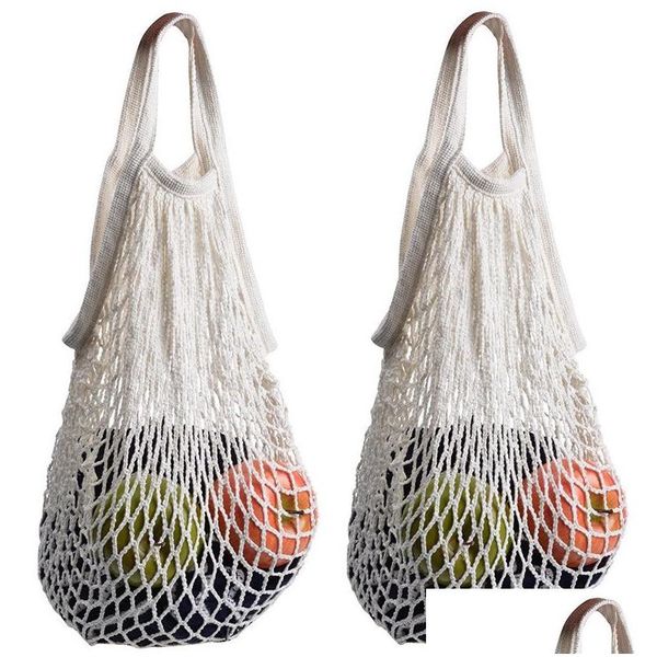 Borse portaoggetti Borsa riutilizzabile per prodotti Negozio pieghevole Borse per la spesa Stringa in rete di cotone Borse a mano Frutta Verdura Appesa Casa Giardino Casa Dhs1E