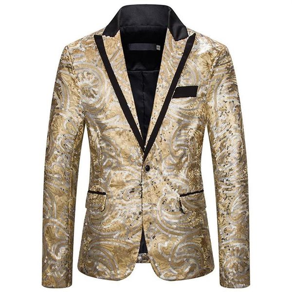 Abiti da uomo Blazer LUCLESAM Uomo Blazer con paillettes Fashion Party Shine Colletto traforato Giacca con un bottone Stage Performanc233m