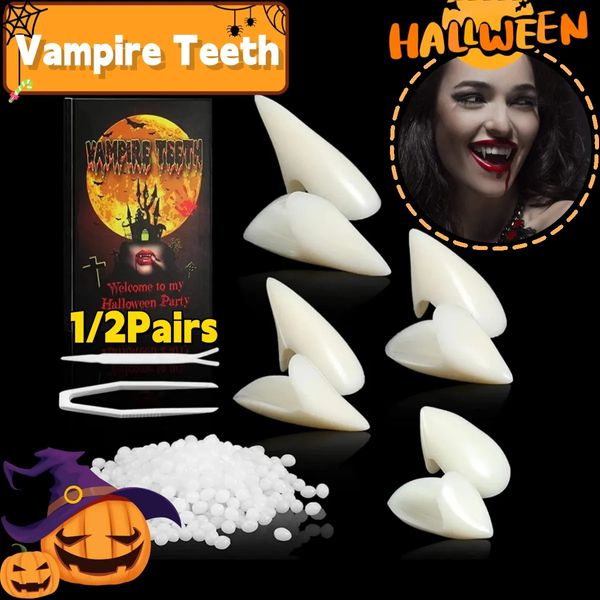 Outros suprimentos de festa de evento Feriado Dentes Halloween 12Pairs Fangs Dentaduras Cola Sólida Dentadura Adesivo DIY Decorações Cosplay 231009