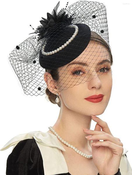 Berets Elegante Pillbox Hüte 20er 50er Jahre Vintage Perlen Fascinators Hut für Frauen mit Feder Mesh Schleier Clip Braut Hochzeit Teeparty