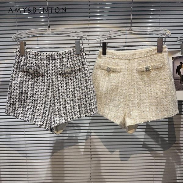 Frauen Shorts 2023 Herbst Bohrer Blume Taste Pailletten Tweed Elegante Prominente Kurze Alle Passenden Gerade Hosen Für Frauen