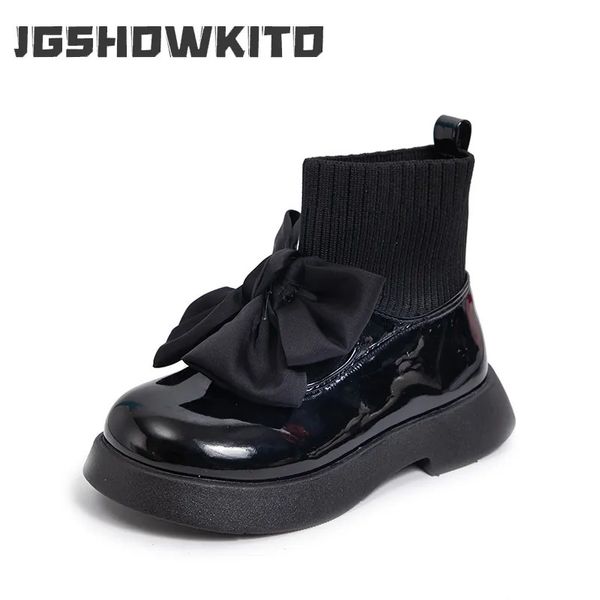 Сапоги, детские ботинки, модные однотонные черные ботинки с бантом для девочек, весенне-осенняя детская мода, летающие вязаные школьные носки, обувь 231009