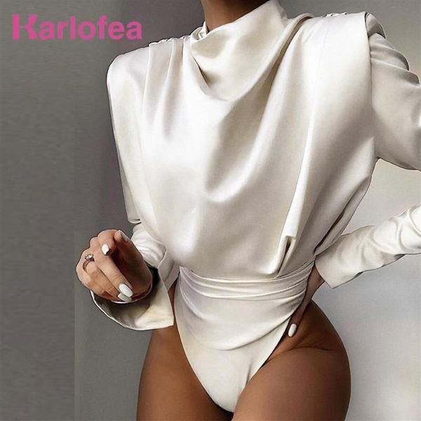 Karlofea escritório senhora de seda elegante bodysuit feminino manga dividida blusa topo sólido branco sexy curto macacão 2020 streetwear outfit251m