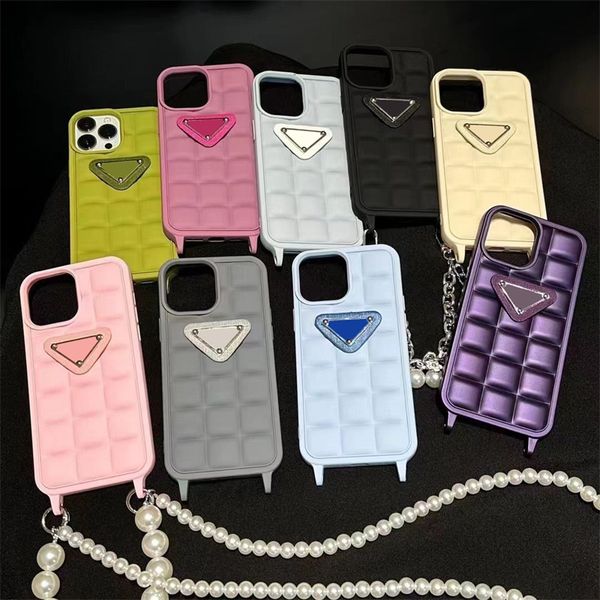 Designer IPhone 15 Grid Handyhülle mit Kette für Iphones 14 Pro Max 15 Plus 13 12 11 Xr Xsmax Triangle Phones Shell