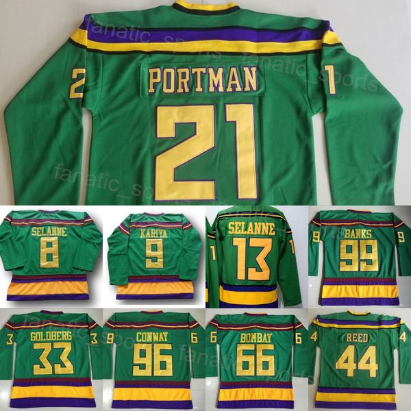 1993 Film Retro Hockey Vintage 66 Gordon Bombay Jersey CCM 99 Adam Banks 96 Charlie Conway 21 Dean Portman 44 Fulton Reed 33 Greg Goldberg Classic Retire Mens Green