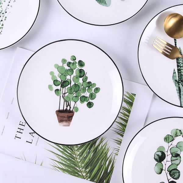Plakalar Seramik 8 inç tabak bitki büyük yuvarlak yeşil çizgi el porselen batı salata yemek ev mutfak malzemeleri sofra takımı