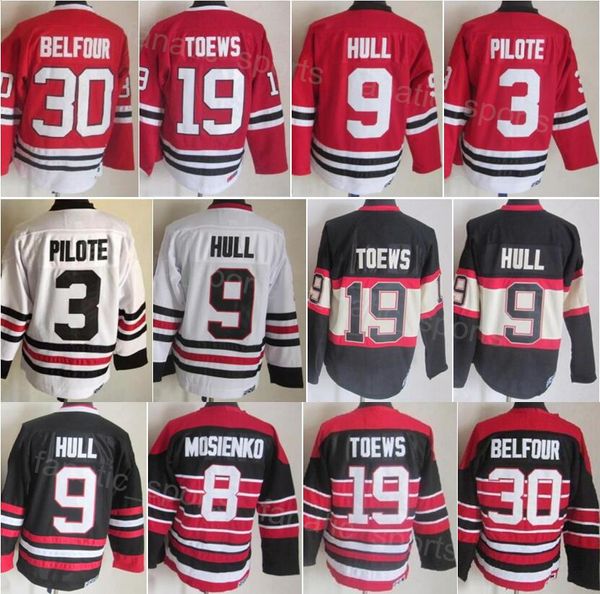 Retro Hokey Vintage 8 Bill Mosienko Jersey CCM Classic 30 Ed Belfour 19 Jonathan Toews 3 Pierre Pilote 9 Bobby Hull Siyah Kırmızı Beyaz Emekli Erkek Nefes Alabilir dikili