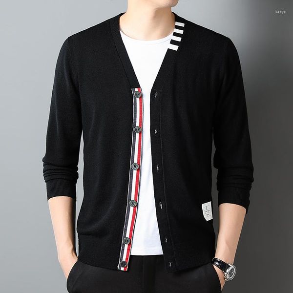 Suéter masculino leve luxo malha cardigan com decote em v listra decalque lã camisola casaco 2023 outono/inverno tendência coreana moda masculina roupas