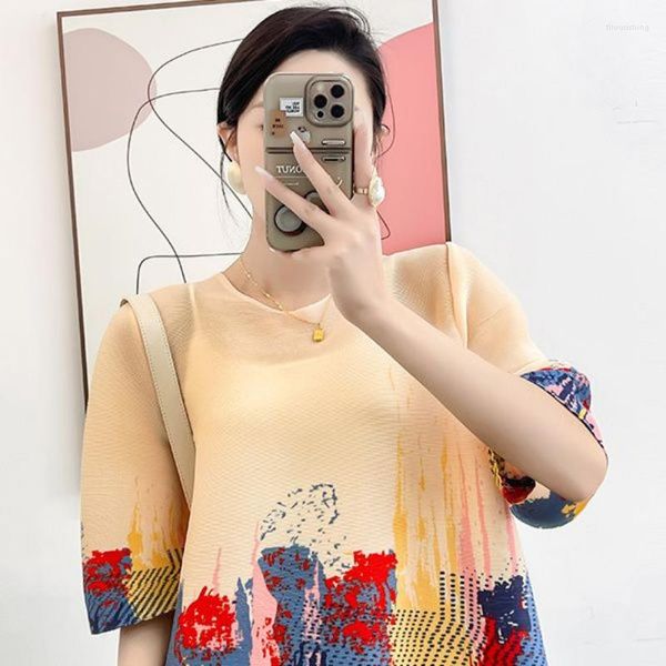 Camiseta feminina enrugada camisa feminina 2023 idade reduzindo impressão topo moda manga curta em torno do pescoço camiseta feminina solta topos