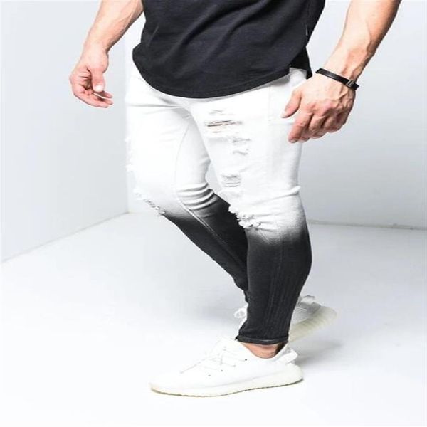 Jeans skinny strappati da uomo per adolescenti pantaloni elasticizzati con cerniera alla caviglia in denim di colore bianco sfumato nero235V