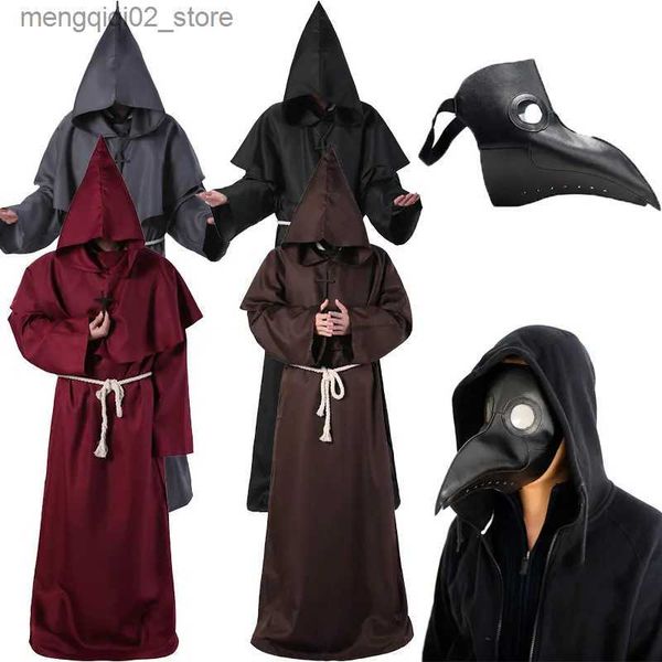 Tema Traje Halloween Medieval Com Capuz Robe Plague Doctor Come Máscara Chapéu para Homens Monge Cosplay Steampunk Priest Horror Wizard Capa Capa Q231010