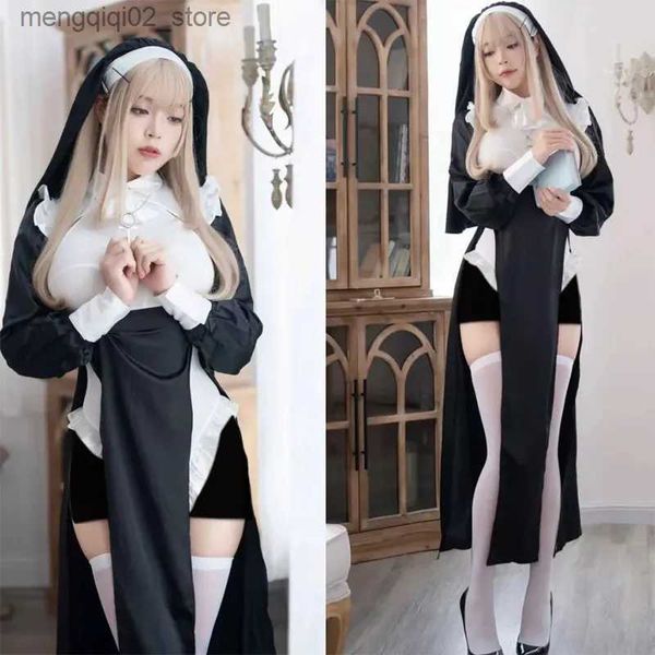 Costume a tema Nun Cosplay Come Women Fancy Dress Set Halloween Party Roleplay Outfit Adult Nun Dress Nero Fancy Cosplay Dress Up Q231010