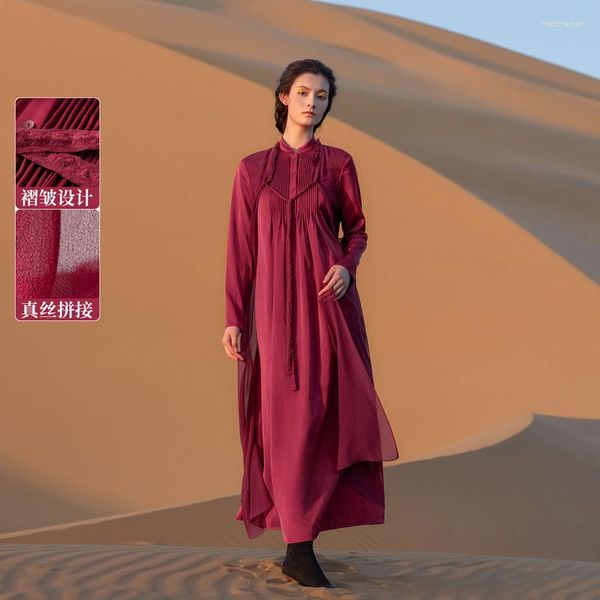 Abiti casual Una vita a sinistra Abito da donna Manica lunga Colletto rialzato Linee pieghettate a forma di Design Giunzioni in seta Elegante gonna rosso vino