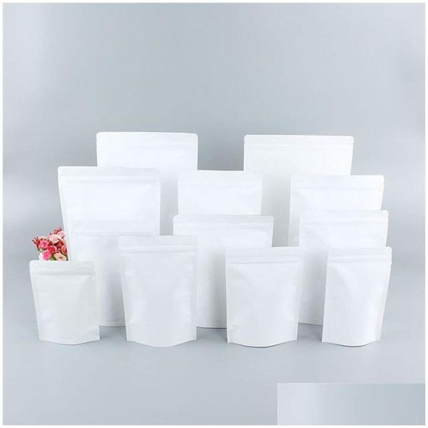 Verpackungsbeutel Großhandel Stand Up White Kraftpapier Aluminiumfolie Beutel Verpackungsbeutel Lebensmittel Tee Snack Wiederverschließbare Beutel Paket Büro Scho Dhasq