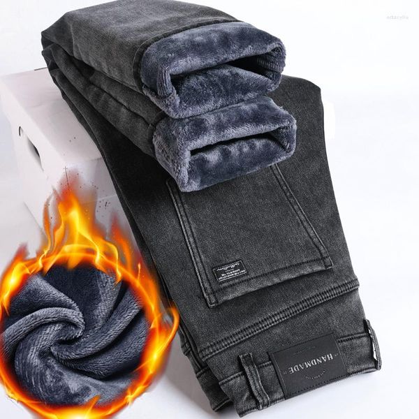 Jeans da uomo in pile invernale addensato da uomo casual caldo slim fit pantaloni in denim elasticizzato dritto abbigliamento pantaloni termici moda