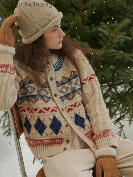 Maglioni da donna Korobov Maglione natalizio vintage lavorato a maglia spessa intrecciato floreale a contrasto di colore Cardigan a quadri girocollo ampio Y2k TopL231010