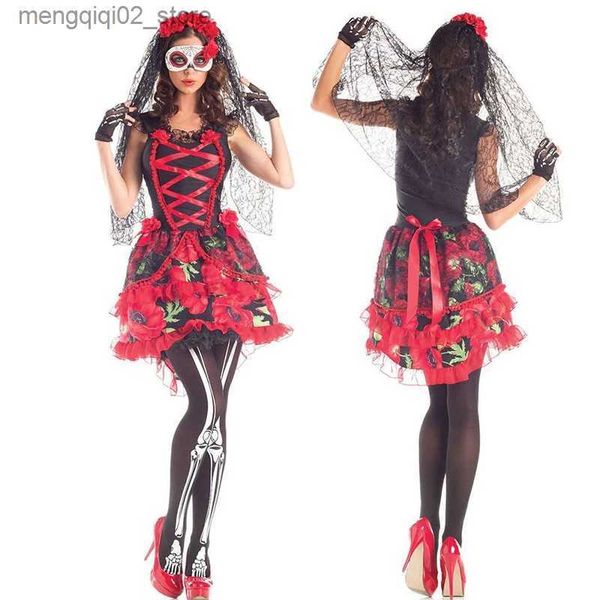 Tema Traje Fantasma Noiva Crânio Esqueleto Cosplay Come Horror Flores Vermelhas Vestido Mexicano Dia Dos Mortos Outfit Carnaval Halloween Party Q231010