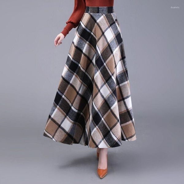 Юбки 2023, осень-зима, длинная юбка-зонтик для женщин, клетчатая винтажная длина с высокой талией, эластичная повседневная одежда