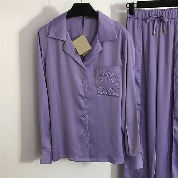 Gestickte Frauen Pyjama T -Shirt Bluse Tops Set Long Sleeve Revers Pama Nachtwäsche Hemd Hosen Ops Souser