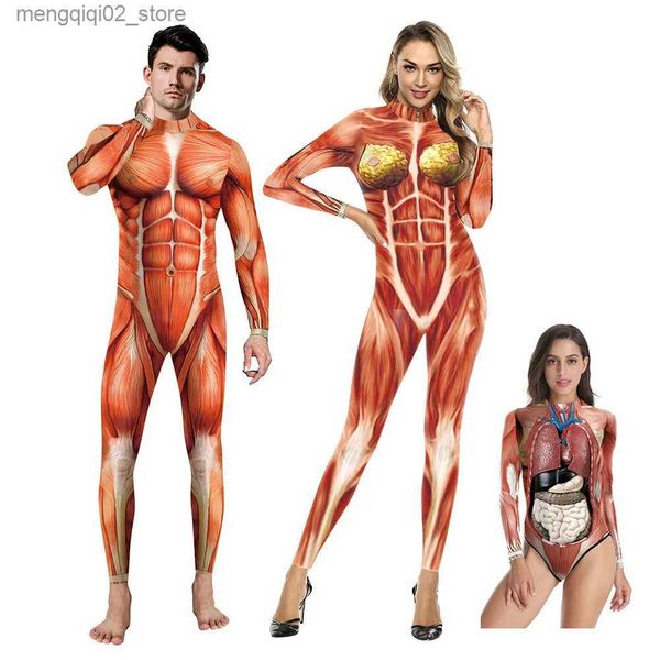 Tema traje halloween 3d festa muscular impresso macacão elástico anatomia humana corpo bodysuit cosplay vem catsuit q240307