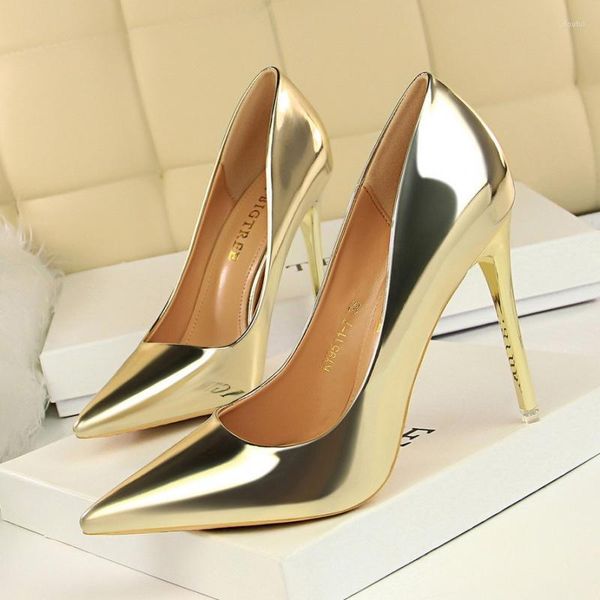 Kleid Schuhe Shiny Metallic High Heels Frauen 2023 Herbst Mode Spitz Slip-On Schwarz Frau Elegante Party Büro Pumpen