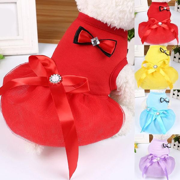 Vestuário para cães primavera verão vestido de princesa bowknot filhote de cachorro gaze saia cor sólida chihuahua vestidos de noite acessórios de roupas para animais de estimação