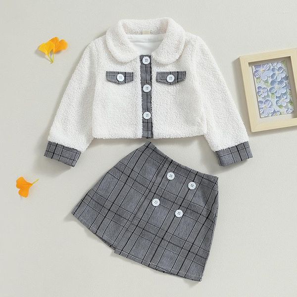 Set di abbigliamento Listenwind 3-7Y Bambini Ragazza Abiti autunnali Colletto rovesciato Bottoni Manica lunga Cappotto in peluche Top Gonne scozzesi Set di vestiti 2 pezzi