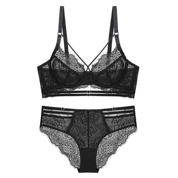 Sexy renda ultra-fina sutiã transparente e calcinha conjunto roupa interior com pedras push up bandage sutiã lingerie feminina a b c d cup 2020 novo y262z