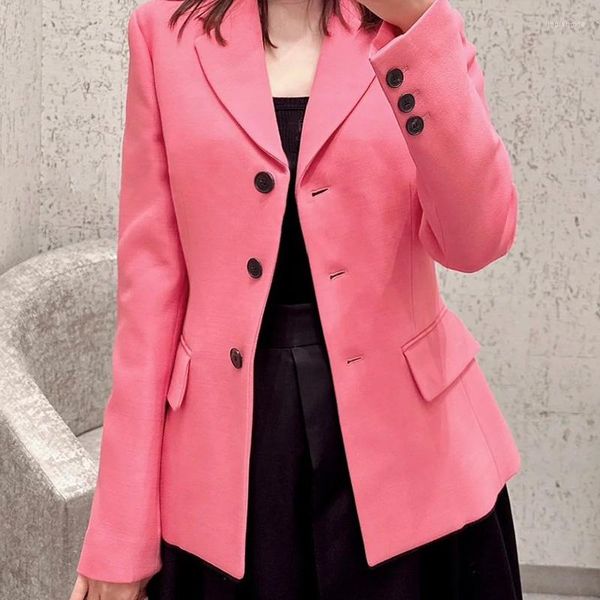 Женские куртки 23, осенняя мода, однобортный шерстяной и шелковый блейзер, женский элегантный розовый тонкий пиджак с длинными рукавами и лацканами, женское офисное пальто