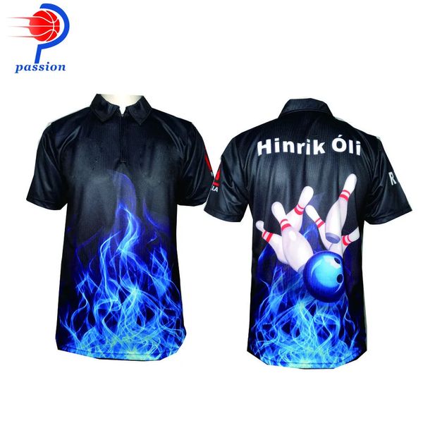 Outdoor-T-Shirts, Schwarz, Blau, Feuer-Design, 3 Knöpfe, Bowling-Team-Shirts, Direktversand akzeptiert 231009