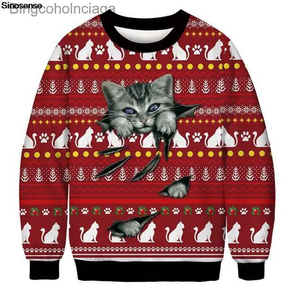 Suéteres femininos Homens Mulheres Engraçado Gato Feio Suéter de Natal 3D Impresso Ano Novo Véspera Xmas Crewneck Moletom Pulôver Festa de Férias Jumpers TopsL231010