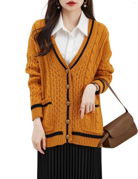 Cardigan da donna in maglia taglia EU per maglione in lana merino 2023 autunno inverno casual scollo a V manica lunga lavorato a maglia (zenzero)