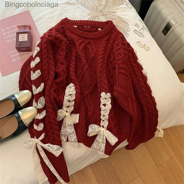 Suéteres femininos linda menina vermelha massa frita torções fita suéter 2023 outono/inverno novo natal doce arco malha top feminino moda coreana sweatl231010